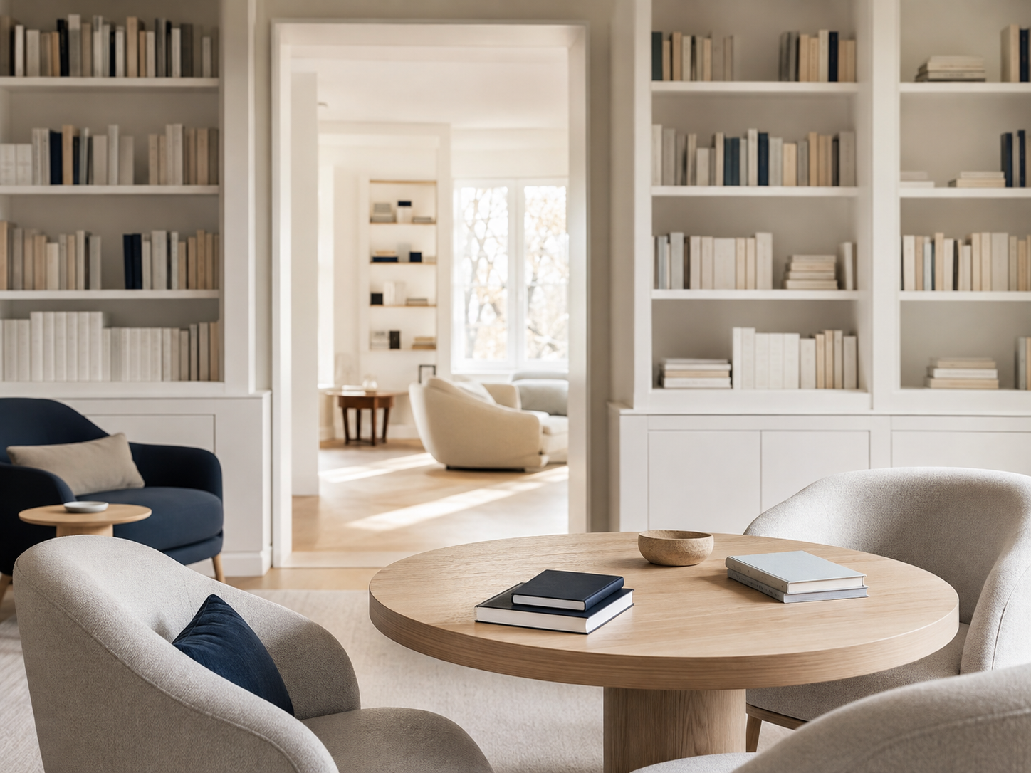 Sala de leitura e encontro contemporânea em branco, azul-claro e azul-marinho